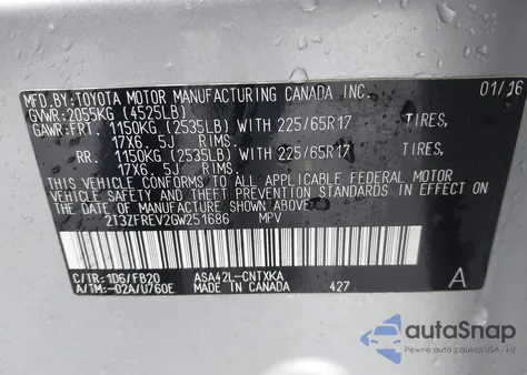 2016 Toyota Rav4 Le z USA, uszkodzony, nr VIN 2T3ZFREV2GW251686